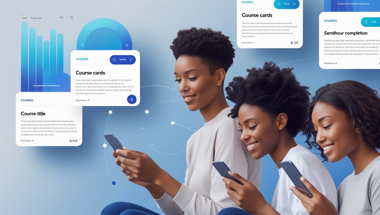 Interfaz educativa moderna con tres mujeres jóvenes interactuando con sus teléfonos móviles.