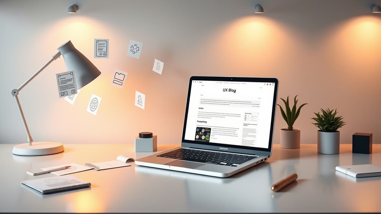 un escritorio co una lampara y una laptop abierta y se ven postits flotando con diseños de interfaces de usuario