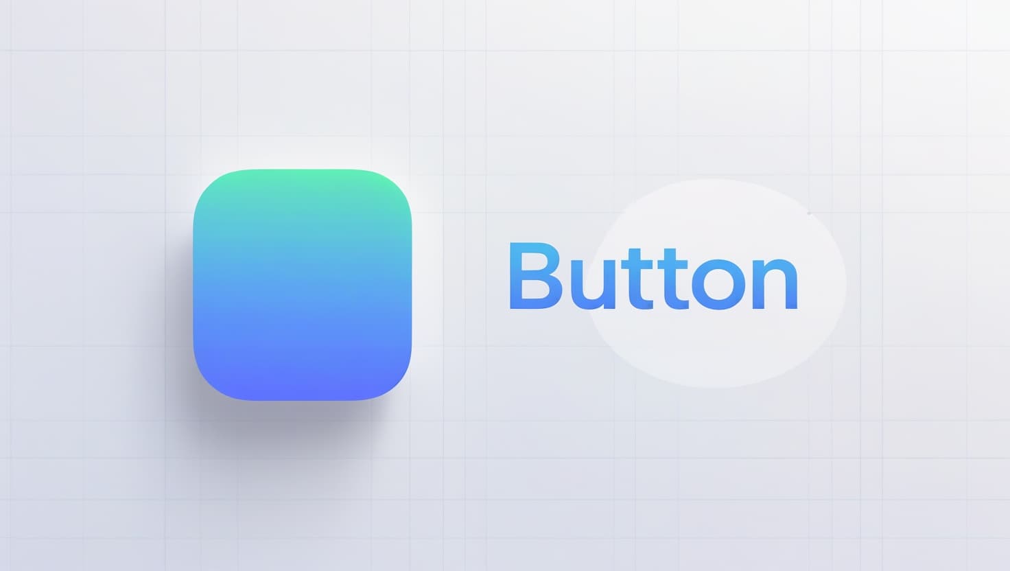Botón cuadrado con gradiente verde-azul y la palabra 'Button' escrita en azul a su lado.