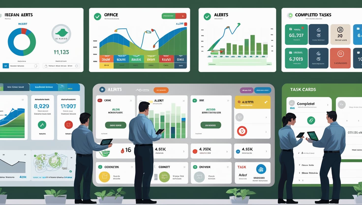 Personas observan múltiples dashboards digitales con gráficos, estadísticas y alertas en una gran pantalla tipo centro de monitoreo.