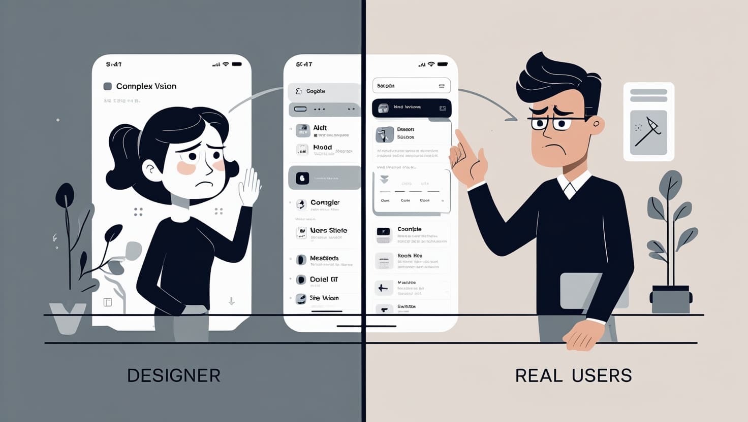 Imagen que muestra la diferencia entre cómo los diseñadores ven una app móvil y cómo la perciben los usuarios reales.