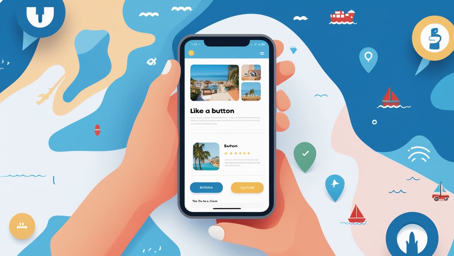 Ilustración de manos sosteniendo un teléfono móvil que muestra una app de viajes.