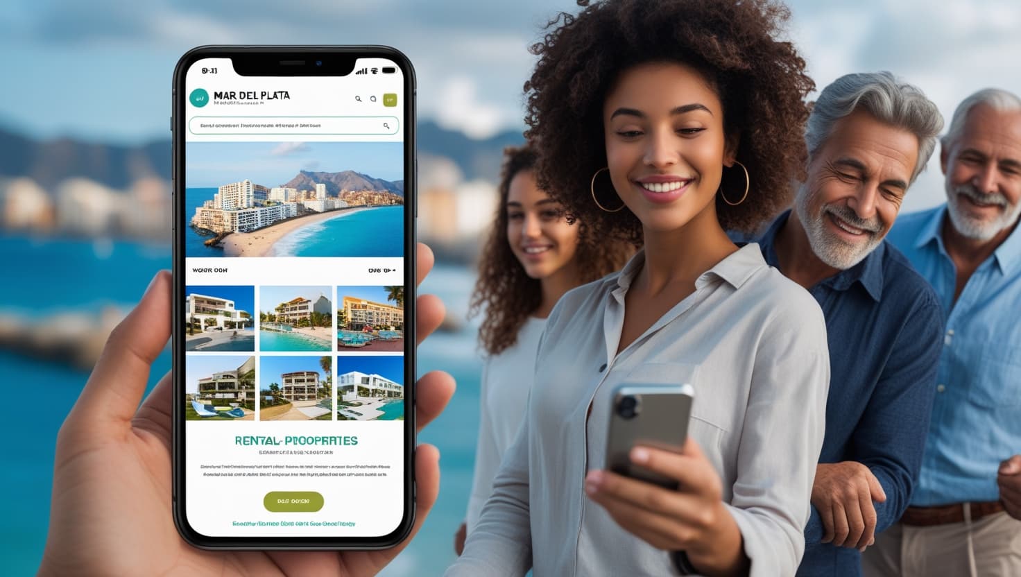 Grupo de personas de diferentes edades sonriendo frente al mar mientras una mujer muestra en su celular una aplicación de alquileres turísticos.