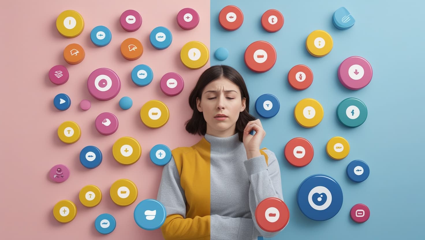 Mujer cansada rodeada de muchos botones coloridos con iconos, simbolizando una sobrecarga de opciones.