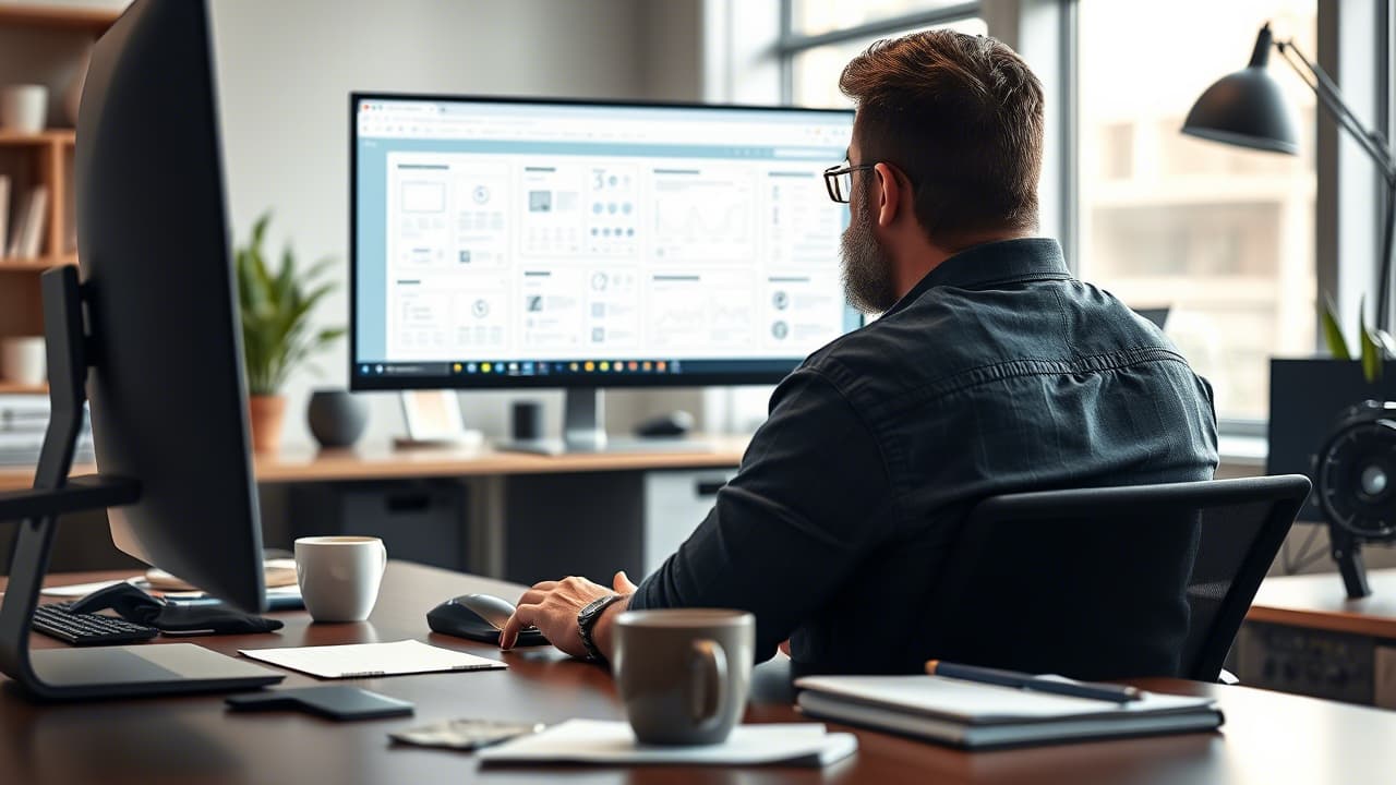 Foto en primer planode un hombre con barba de espaldas mirando un monitor.
