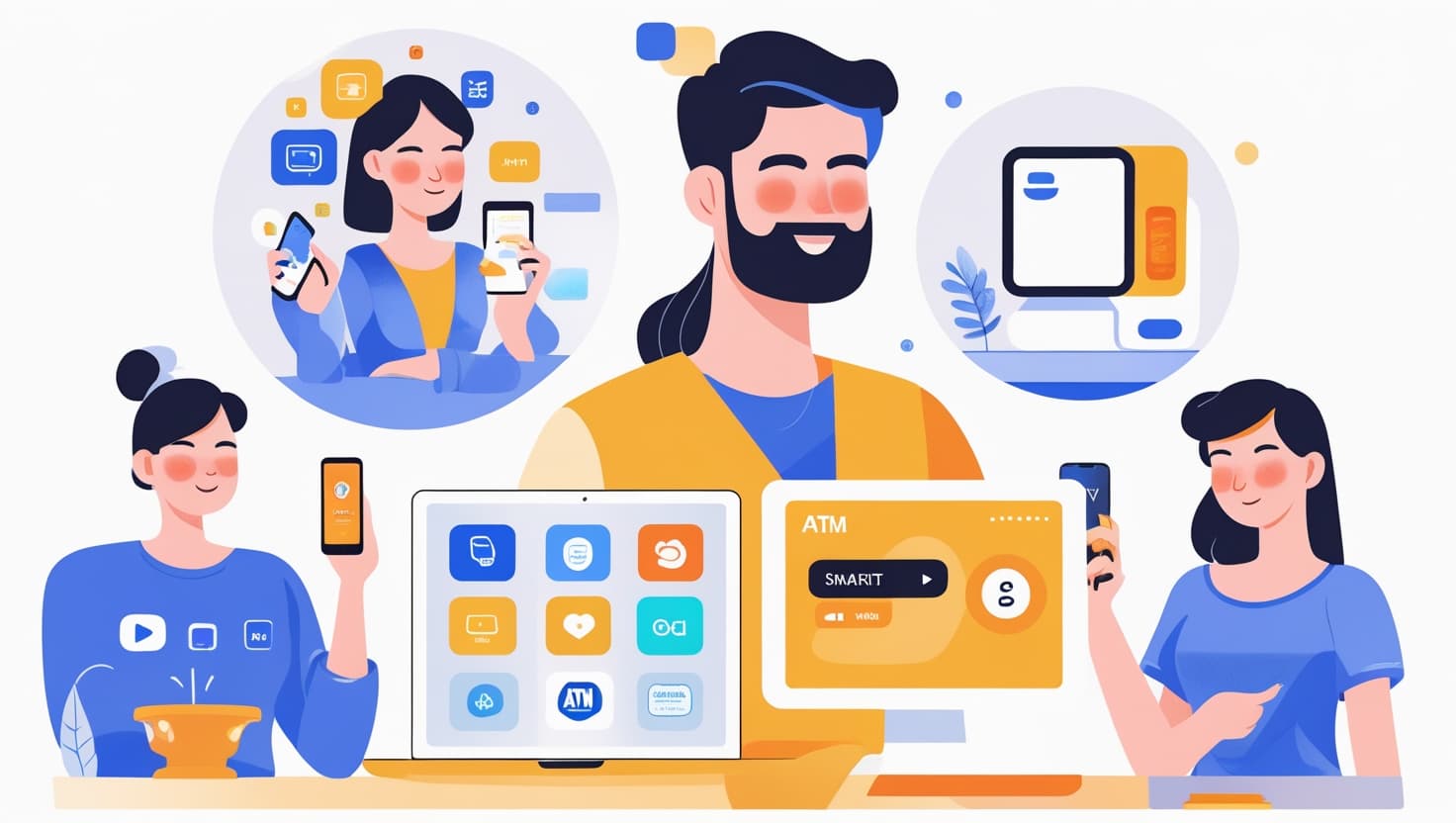 Tres personas trabajando juntas en servicios financieros digitales, usando teléfonos móviles y una pantalla con iconos relacionados con finanzas.