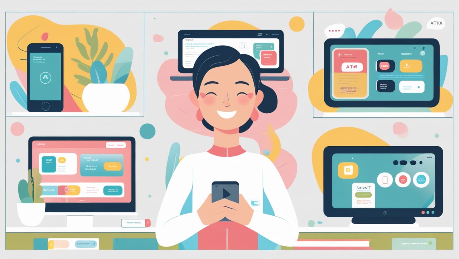 Mujer feliz usando un teléfono móvil rodeada de pantallas con interfaces de usuario coloridas y financieras.